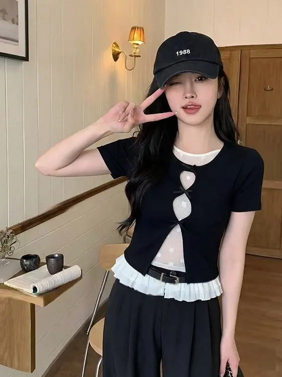 

plus Size Women's Summer Korean Style Slimming Dark Style Mesh Hollow out Short Sleeve T-Shirt Women's Fashion round Neck Top