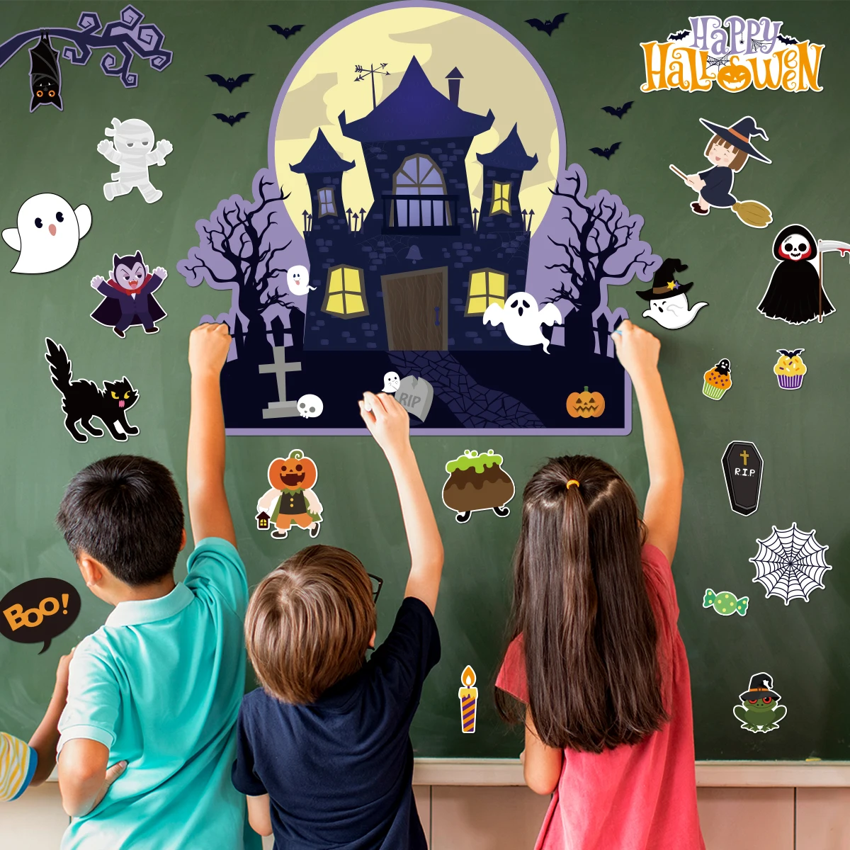 

Halloween Theme Campus Blackboard Newspaper Indoor Castle Bat Witch Sticker Halloween Party Decoration Scene Arrangement Sticker