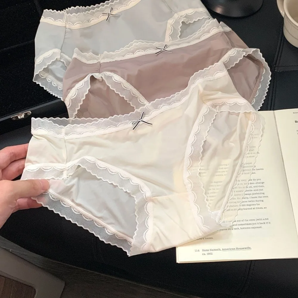 French Style Bow Lace Panties Transparent Seamless Mesh Thin Briefs Mid Waist Ice Silk Underwear Spring Summer