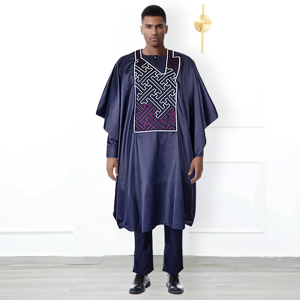 H&D New African Suit For Men Robe Shirt Pants Set Long Sleeve Tops Embroidery Clothes Africain Homme Traditional Robes Ramadan