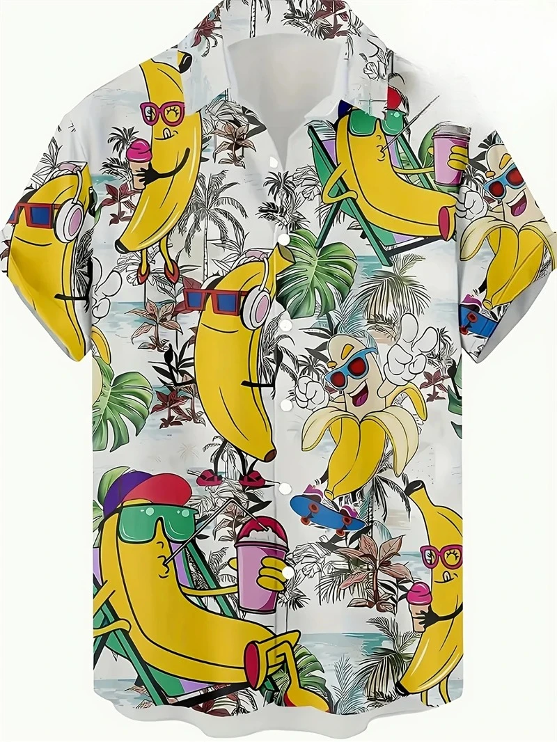 Hawaiian Men's Shirt Abstract Banana Pineapple 3D Printing Tee 2025 Funny Fruit Summer Blouse Lapel Short Sleeves Shirts Tops