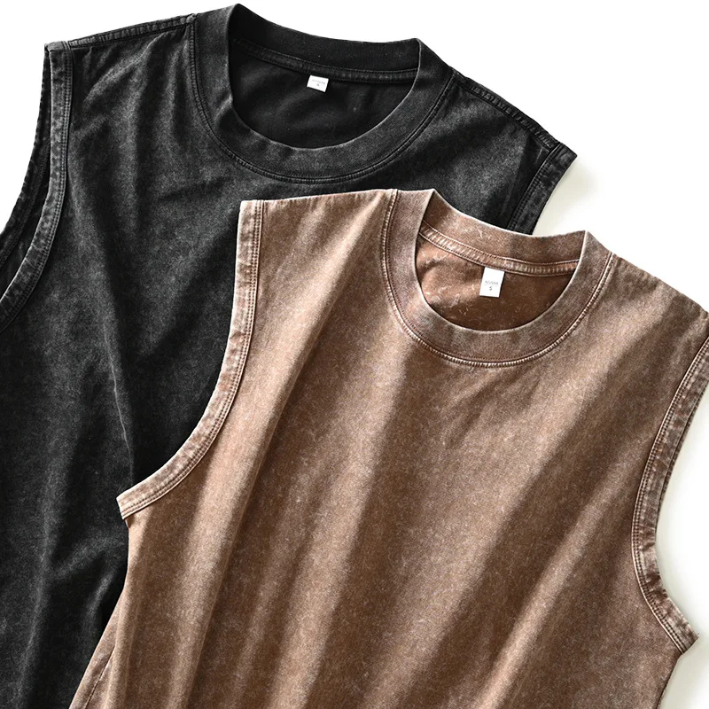 230g Reine Baumwolle Europäischer und Amerikanischer High-Street Retro Gewaschener Distressed Ärmelloser Herren-Oberteil Lässiges Lockeres Schulter-T-Shirt