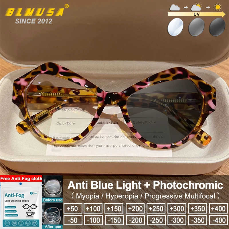 

BLMUSA Lightweight Cat Eye Design Myopia Prescription Glasses Oversize Frame Blue Light Blocking Photochromic Reading Eyeglasses