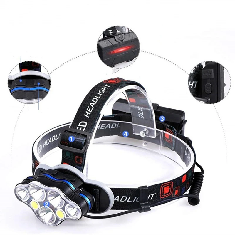 مصباح أمامي قابل لإعادة الشحن ، مصباح بحث 7LED عالي الطاقة ، مقاوم للماء IPX5 ، مناسب للركض ، صيد الأسماك ، في الهواء الطلق ، و mAh ، 10W