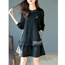 Fashion O-Neck Pockets Spliced Beading Ruffles Mini Dress Women Clothing 2024 Spring New Loose Korean Solid Color Casual Dresses