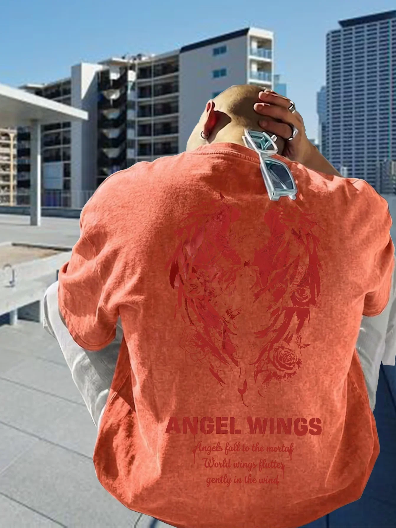 Dark Romantic Men's T-shirt Red Wing Angel Double Sided Print Vintage Acid Washed Cotton Short Sleeve Streetwear Graphic S-3XL