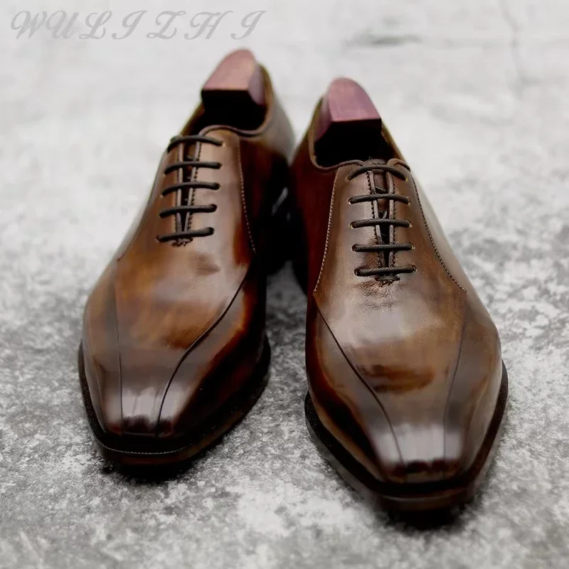 

Men's Brown Oxford Formal Small Leather Shoes Business Genuine Leather British Style Handmade Lace Up Summer Work Male Shoe