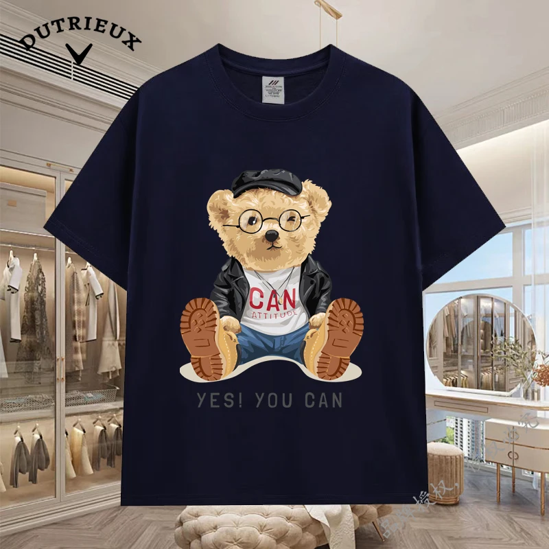 2024 New Luxury Bear Short Sleeved Men's and Women's Loose 230g Fabric weight Cotton Versatile Round Neck Breathable Inner Layup