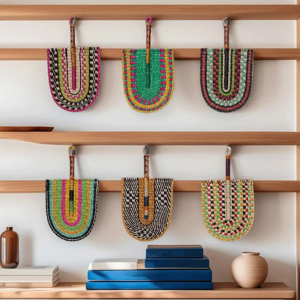 Handmade Straw Weaving Fan Natural Sea Grass Raffia Fan With Long Handle Semiellipse Woven Fan Summer Wall Hanging Decoration