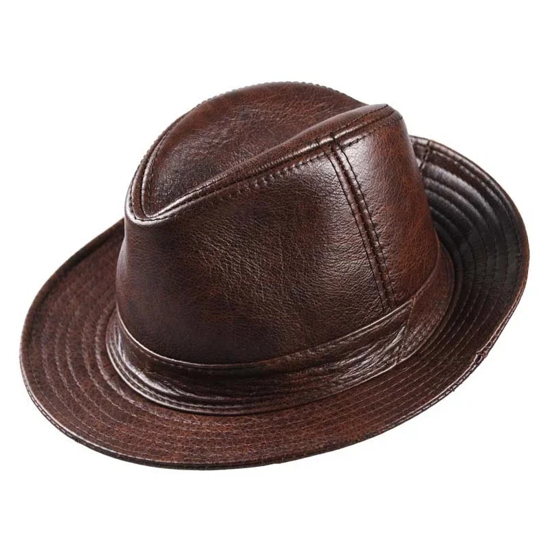 Spring/Winter Man High Quality Genuine Leather Cowhide Fedora Gentleman Cow Skin Short Brim Black/Brown Top Hat Male Shows