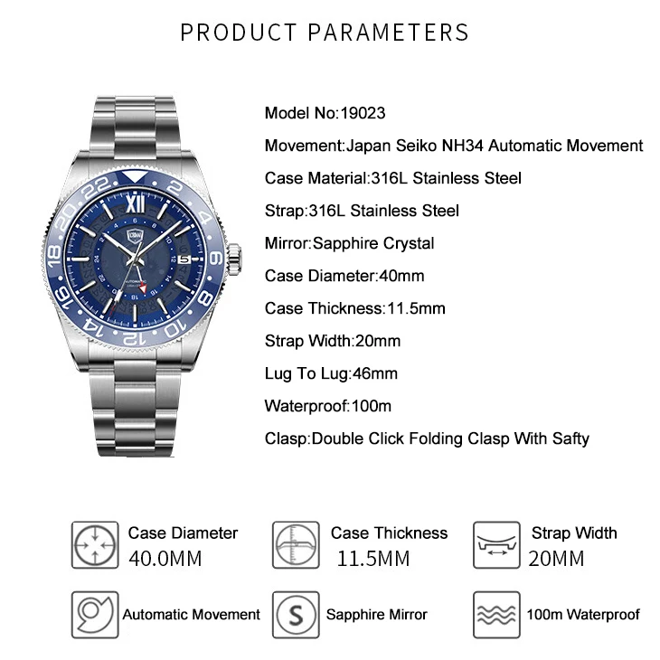 ローバイニー-メンズ自動腕時計,メカニカルリストバンド,発光c3,50m防水,サファイア,nh34,セラミックベゼル,40mm