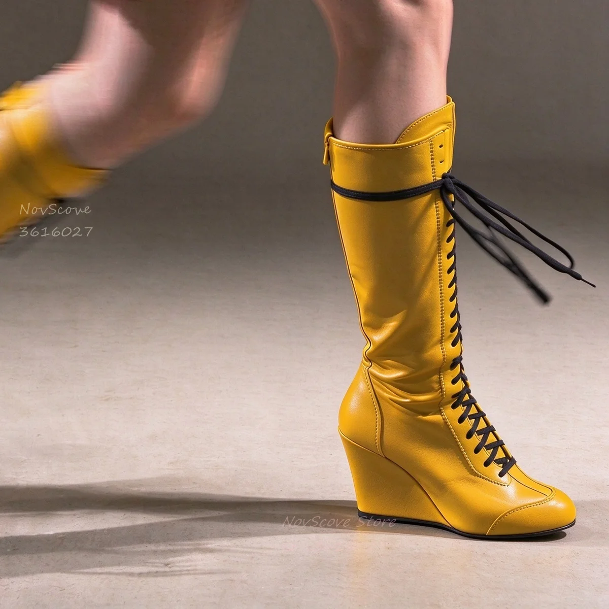 Round Toe Yellow Wedges Knee High Booties Front Lace Up Sewing Sexy Women Autumn Party Daily Causal Shoes Winter Long Booties