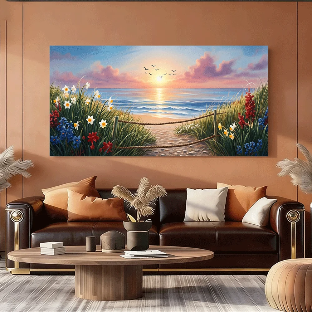 1pc frameless Canvas Painting 1PC-Canvas poster Unframed  Ocean Sunset Beach Path Floral Landscape Art Canvas Print  summer