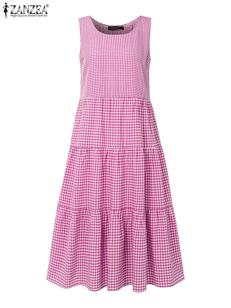 Zanzea dia wear casual a linha robes femme 2025 verão das mulheres o-pescoço vintage gingham vestido de verão sem mangas em camadas vestidos midi
