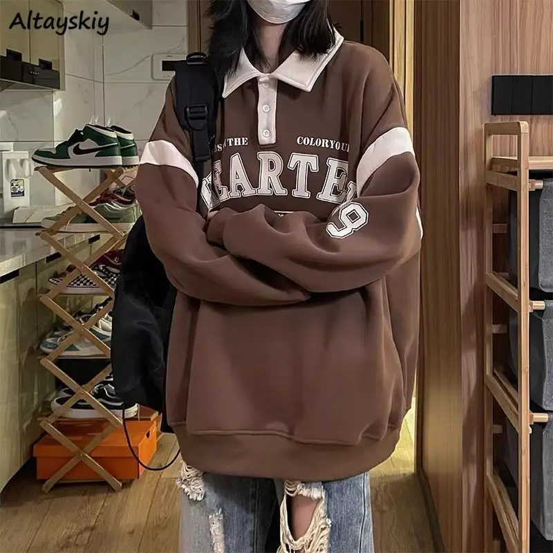 

American Y2k Sweatshirts Women Streetwear Preppy Teens Unisex Baggy Tops Vintage Designer Lapel Personal Letter Harajuku Clothes