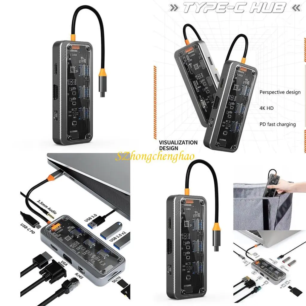 

10 in 1 USB C Hub Docking Station Type-C to VGA USB3.0 USB2.0x2 TF RJ45 PD100W 3.5mm Wireless Charging 601D