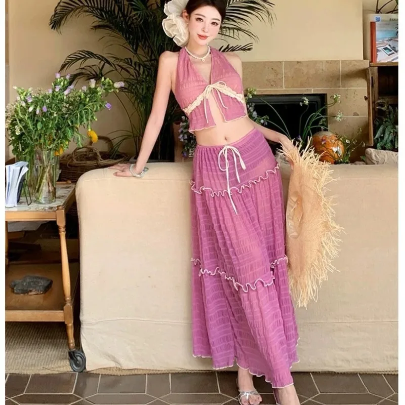 

Women's Bikini Set Halter V Neck Lace Bow Crop Top Sheer Ruffled Cover Up Skirt Sexy Summer Beach Vacation Bathing Suit Swimwear