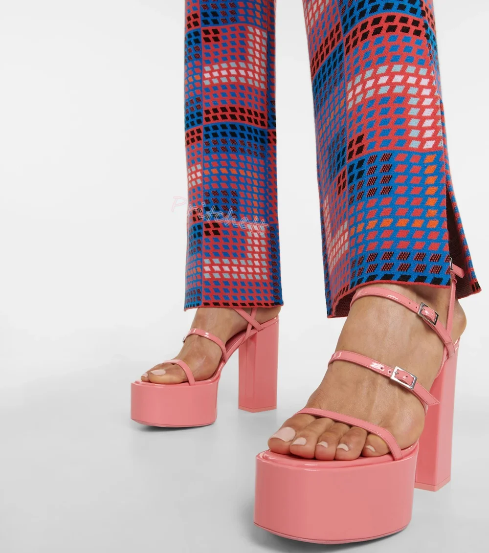 

Sweet Pink Platform Multiple Buckle Sandals Round Open Toe Ankle Lace-up Buckle Chunky High Heels Stilettos Sexy Summer Shoes