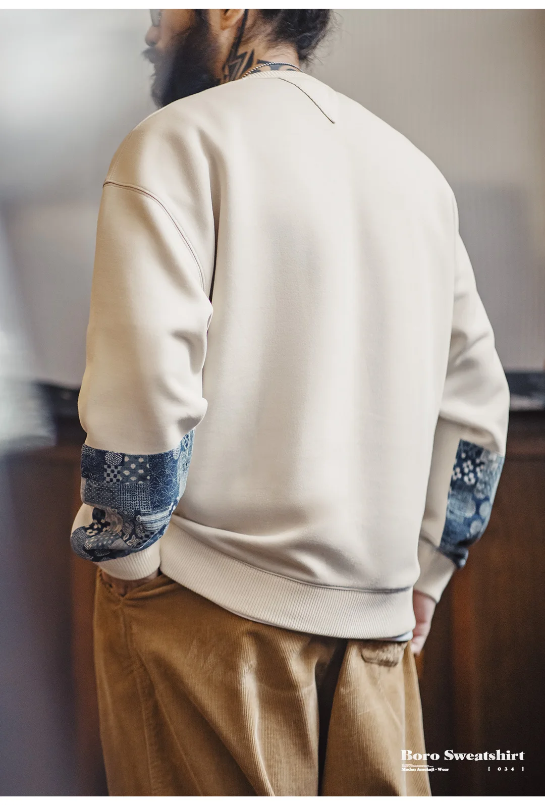 Boro Patchwork Sweatshirt — Japanese-Inspired Sashiko Sleeve — Brown & Cream S07dcf6655f7b4acbb0d976c08c1627e7H