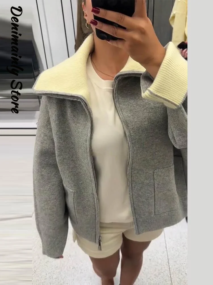 Chic Women's Color Blocking Knitted Patchwork Cardigan Loose Lapel Long Sleeve Zipper Pocket Sweater 2026 Autumn Lady Knitwear