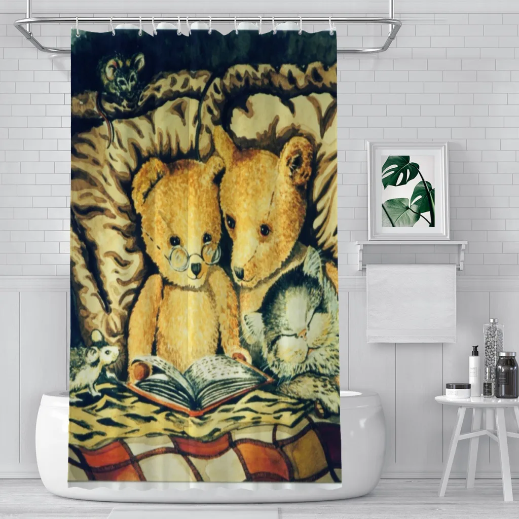 Teddy Bear Watercolor Shower Curtains Wild Animal Waterproof Fabric Creative Bathroom Decor with Hooks Home Accessories