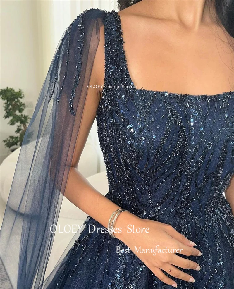 OLOEY gaun Prom panjang Tule biru Navy Glitter gaun malam Arab Dubai leher persegi lengan panjang gaun pesta acara Formal