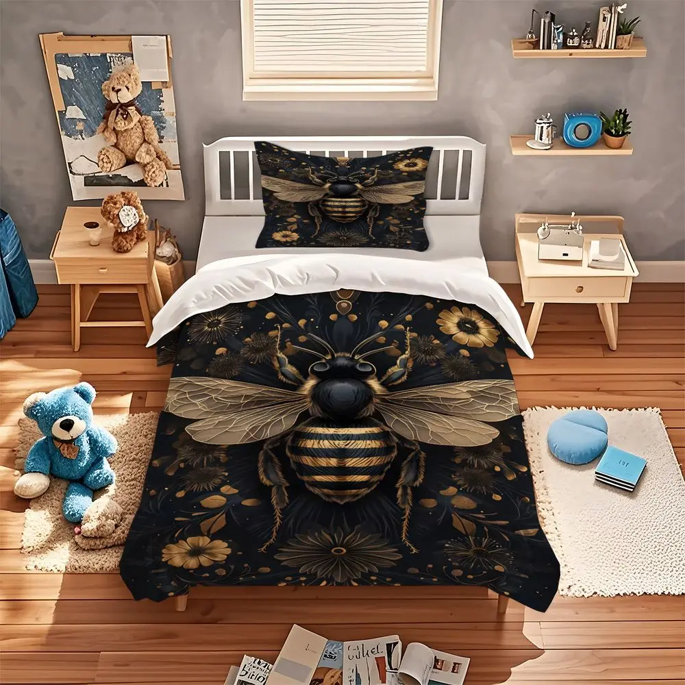 Gold Bee Duvet Cover Set Black Floral Bedding Set Digital Print Soft Microfiber Bed Clothes Queen King Home Decor