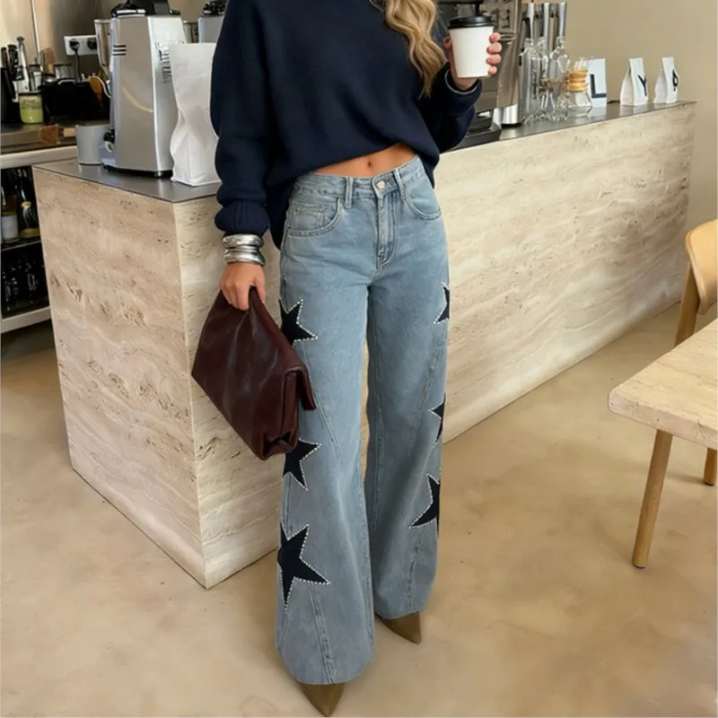 

Женские джинсы 2026 года в винтажном стиле, прямые брюки с пентаграммой, низкая посадка, шикарные повседневные длинные брюки, классический уличный стиль для женщин