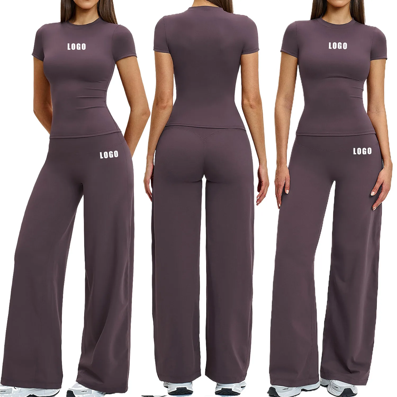 Custom LOGO Women's Yoga High Waist Skinny Fitness Outdoor Casual Running Short Sleeve Wide Leg Pants Sports Two-piece Set