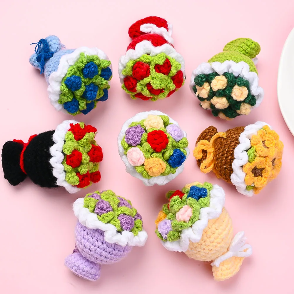 1Pc 6.3×7cm Colorful Acrylic Yarn Crochet Mini Bouquet Charm Hand Knit Flower for Keychain Bag Pendant Wedding Gift DIY Decor