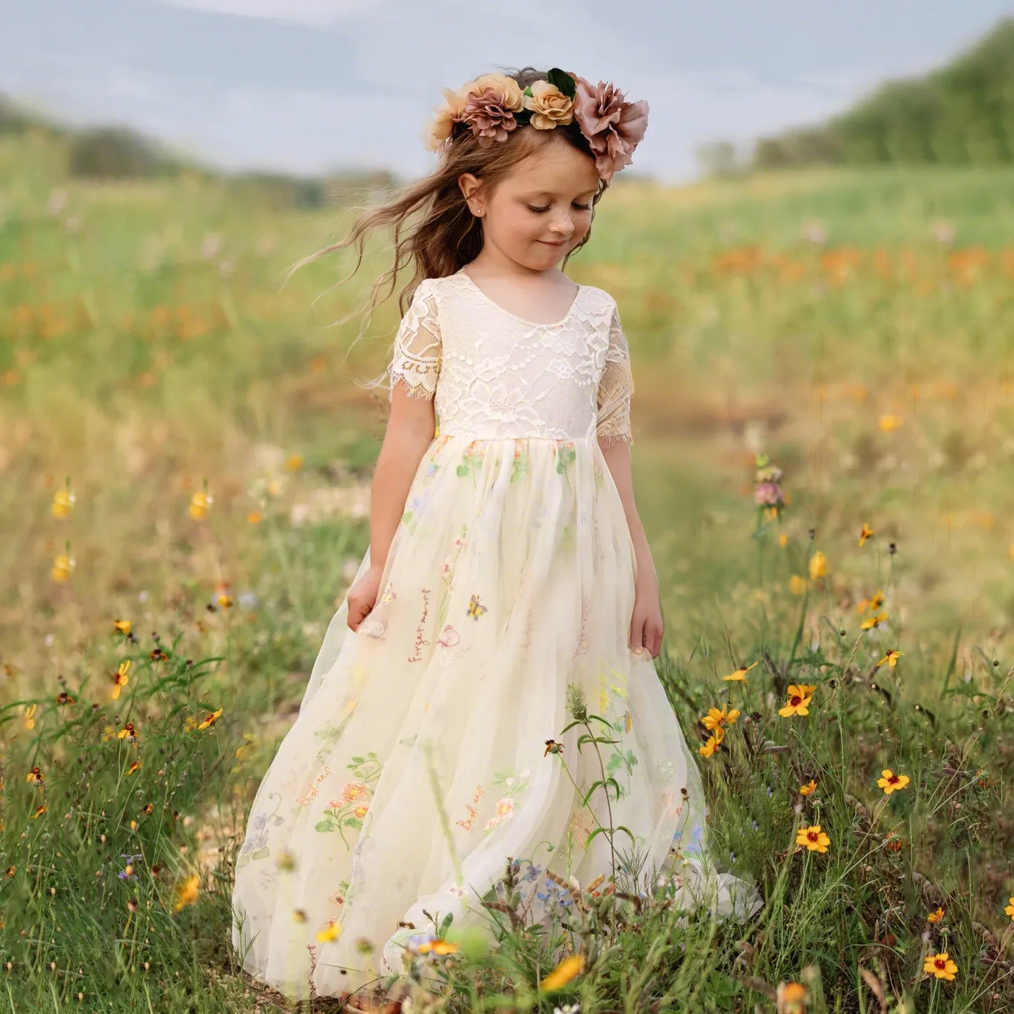 

Elegant Lace Flower Bridesmaid Party Dresses for Girls Short Sleeve Wedding Birthday Prom Girl Dresses Bow Evening Kids Clothing