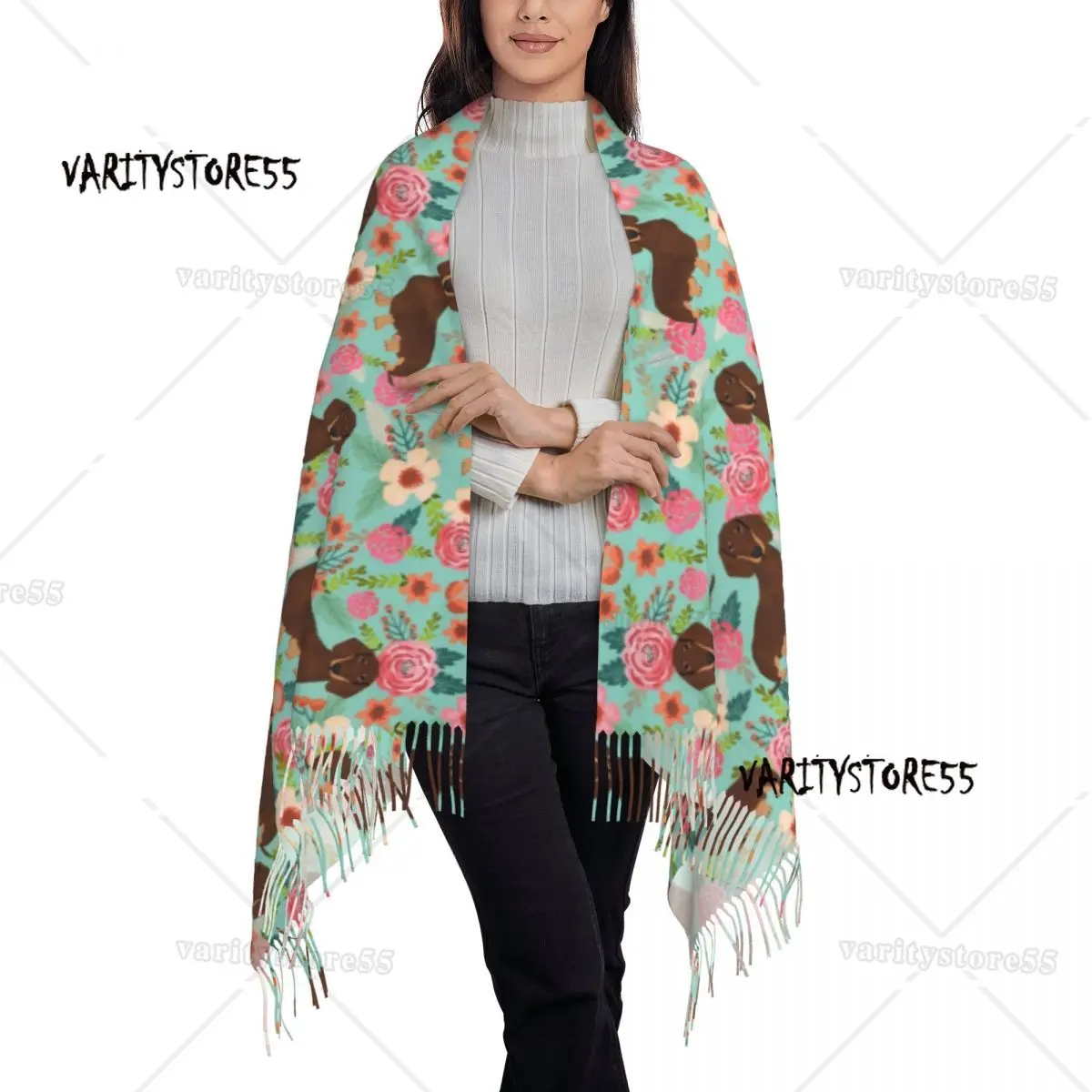 Doxie Florals Dachshund Scarves Women Winter Fall Soft Warm Tassel Shawl Wraps Badger Sausage Dog Scarf