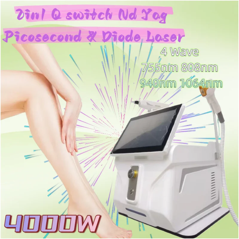 

2025 2в1 Сопрано Титан Лід 4000 Вт Диод 755 808 940 1064 нм 4 длины волны Лазер ND: YAG Машина Безболезненная машина для удаления волос