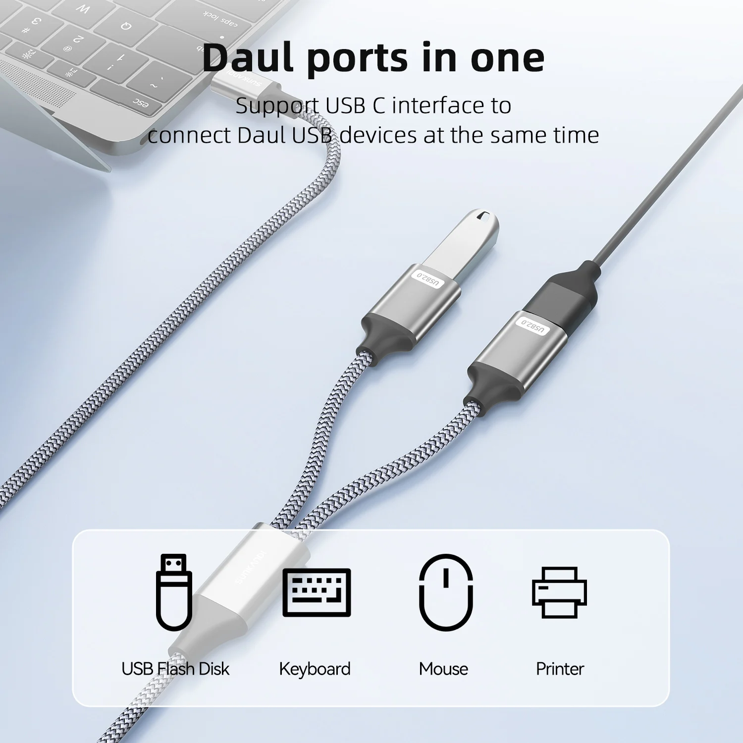 SUNKANDI USB Male to 2 Dual USB Female Jack Y Splitter Hub Power Cord Extension Adapter Cable for PC, Laptop, MacBook