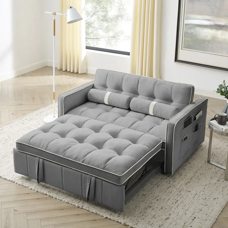 Modern 55.5" Pull Out Sleep Sofa Bed 2 Seater Loveseats Sofa Couch with side pockets Adjsutable Backrest and Lumbar Pillows for