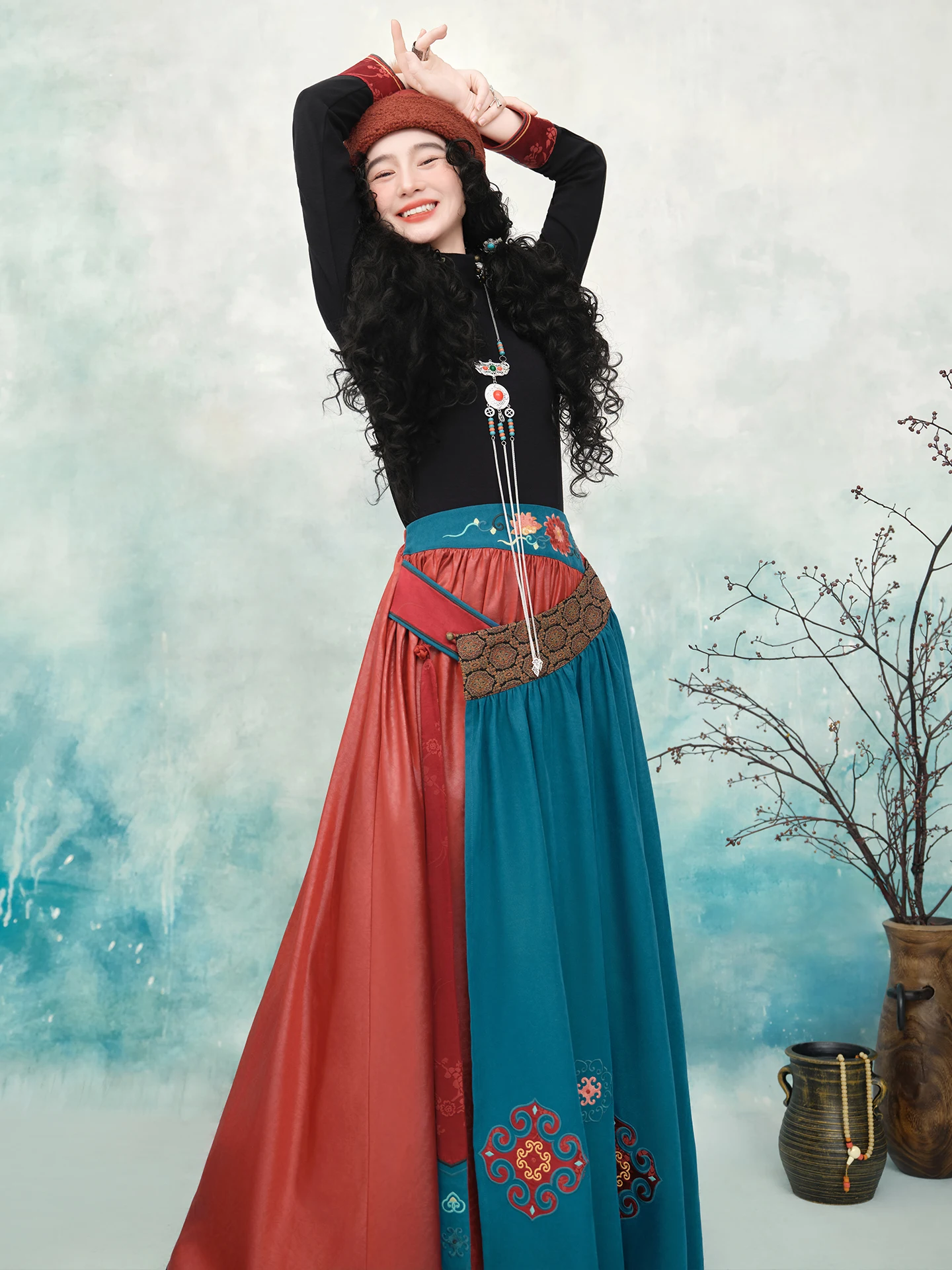TIYIHAILEY Long Maxi Elastic Waist A-line Women Satin Spring Autumn Big Hem Skirts Ladies Embroidery Chinese Style Patchwork