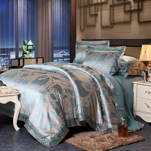 Luxury Jacquard Bedding Set Tencel Modal Duvet Cover 4PCS with Lace Satin Bed Sheet Pillowcases King and Queen Size Home Textile