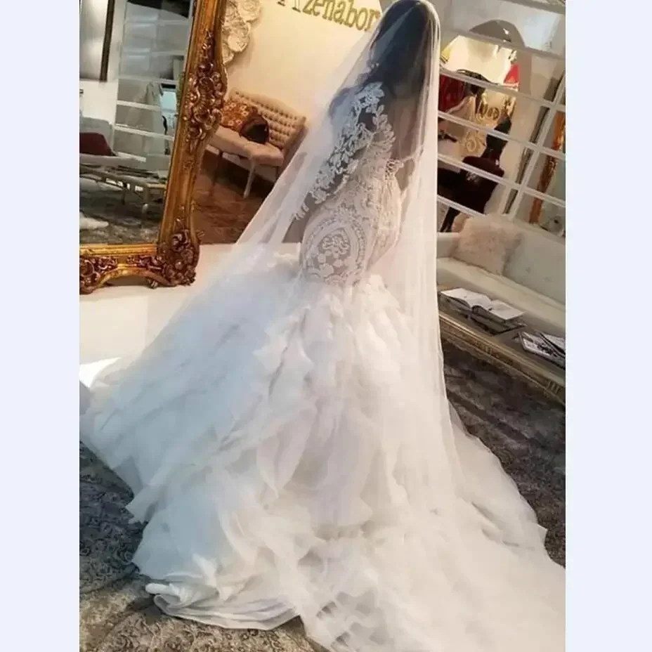 تخصيص حورية البحر الدانتيل فساتين الزفاف الأفريقية دبي طويل زائد حجم فساتين الزفاف الوهم طويلة الأكمام قطار المحكمة ارتداء Vestido