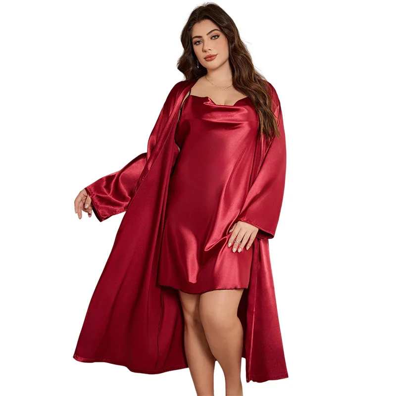 Ice Silk Sling Dress Women's Sleepwear Nighty&Robe Set Spaghetti Strap Butterfly Nightgown Long Bathrobe Loose Casual Homewear