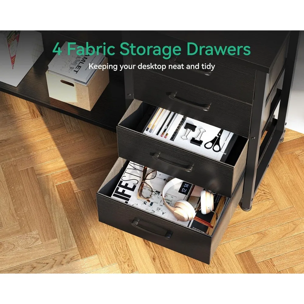 61 "L-shaped Desk with Drawers, Computer Desk with Power Socket and LED Light, Office Desk with Display Rack, Pure Black