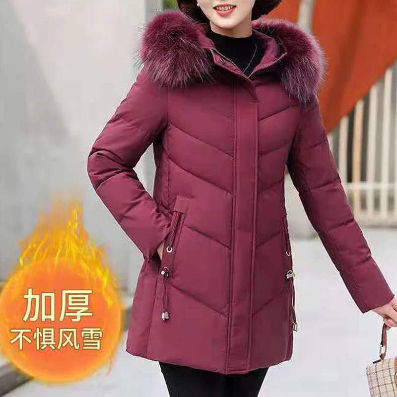 Women Korean Fashion Fur Collar Down Cotton Quilted Coat Winter Ladies Solid Long Sleeve Warm Padded Parkas Loose Hooded Jackets