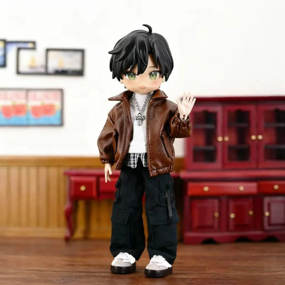 Fashion PU Leather Jacket Multistyles Mini T-shirt Pocket Pants Doll Overalls
