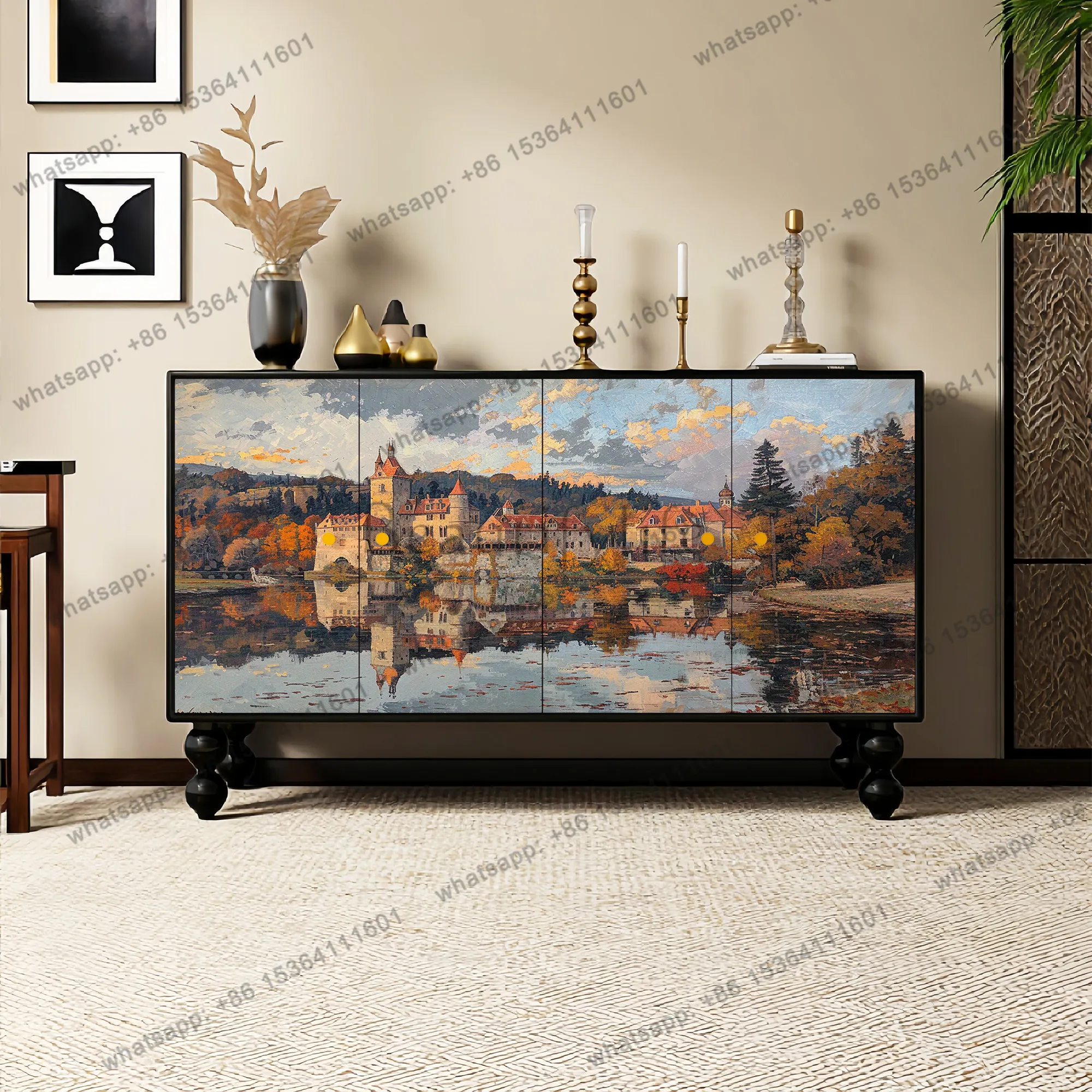 French art style solid wood dining side cabinet entrance entrance texture painted decorative cabinet