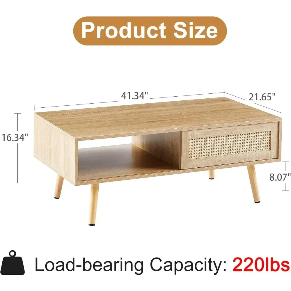 Table basse rectangulaire moderne du milieu du siècle avec rangement, tables centrales en bois, 41.3 po