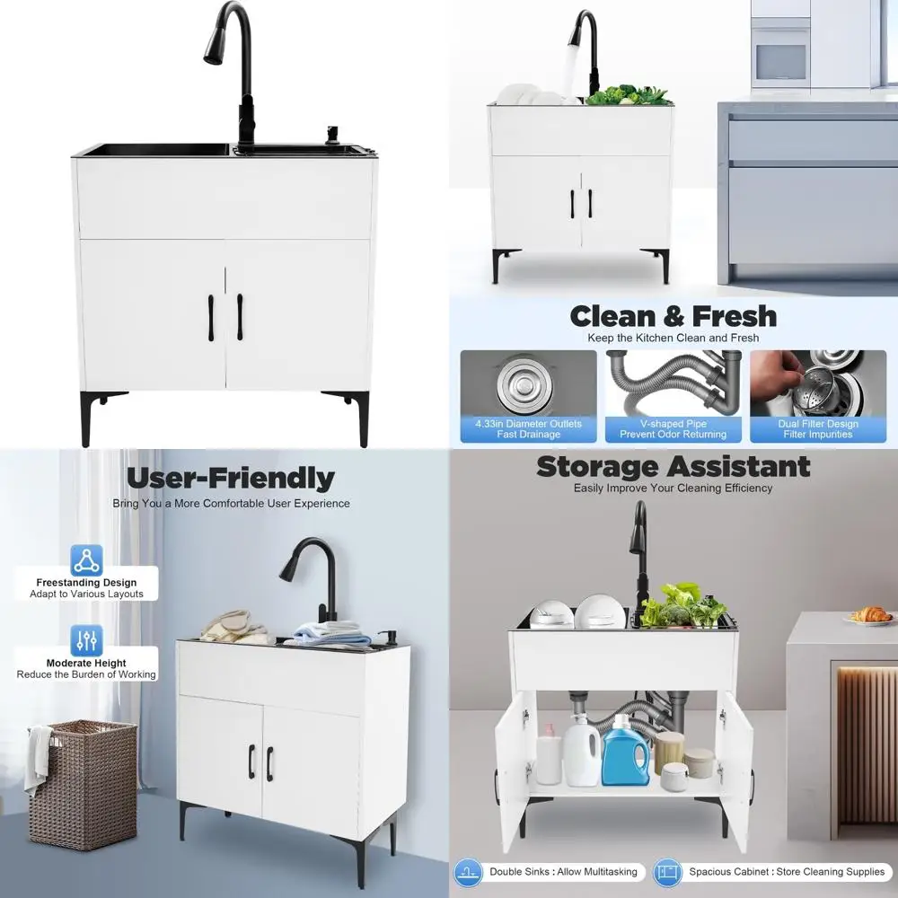 

Stainless Steel 30-Inch Laundry Sink with Pull-Out Faucet and Freestanding White Cabinet for Utility Room