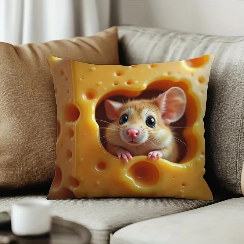 Double Sided Adorable Mouse-in-Cheese Pillow Cover, Soft Polyester 2D Print Cushion for Sofa Bedroom Living Room Dorm Decor