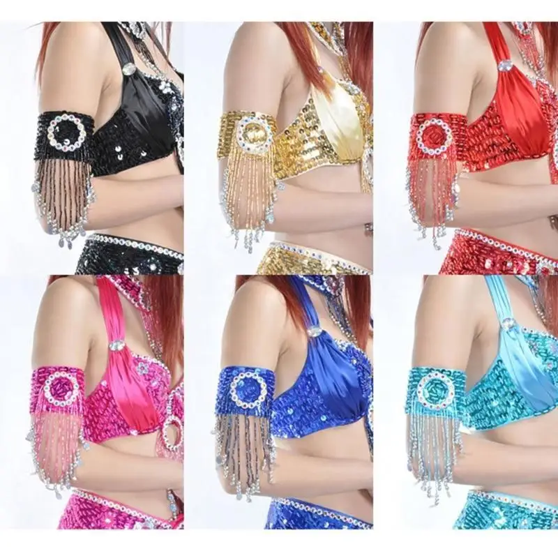 39BD Sparkling Fringes Belly Dance Armband with Gold Sequins Beaded Armlet Shimmering Tassels Belly Dancing Armlet