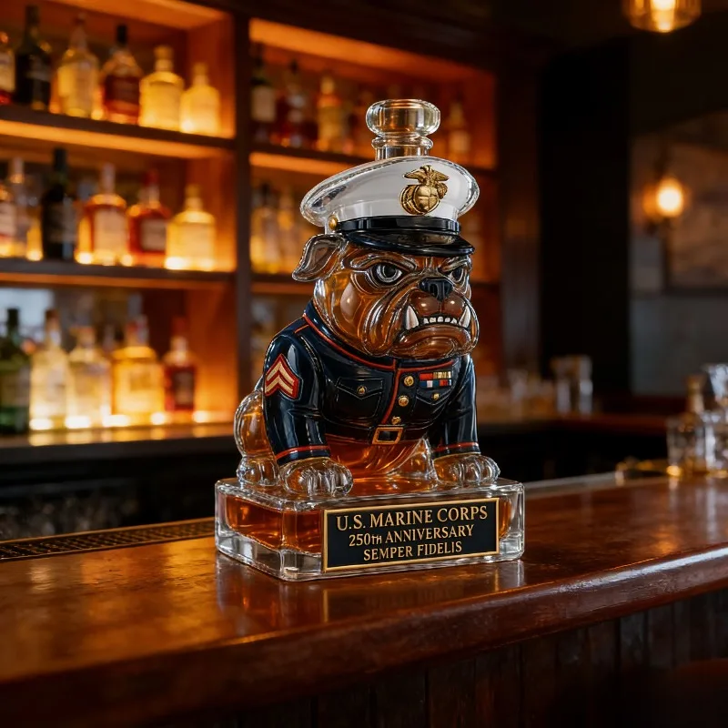 

Military Theme Bulldog Shape Glass Whiskey Decanter Creative Liquor Bottle Home Bar Decor Gift for Whiskey Enthusiasts
