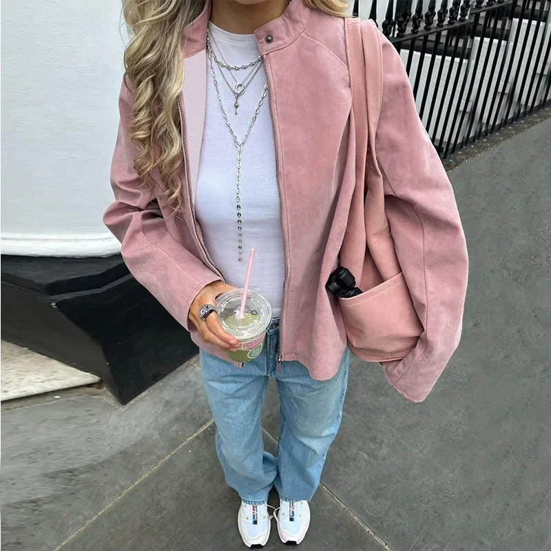 Fashion Stand Collar Long Sleeve Autumn New Lady Loose Zipper Commuting Coat Elegant Velvet Casual Outerwear for Women