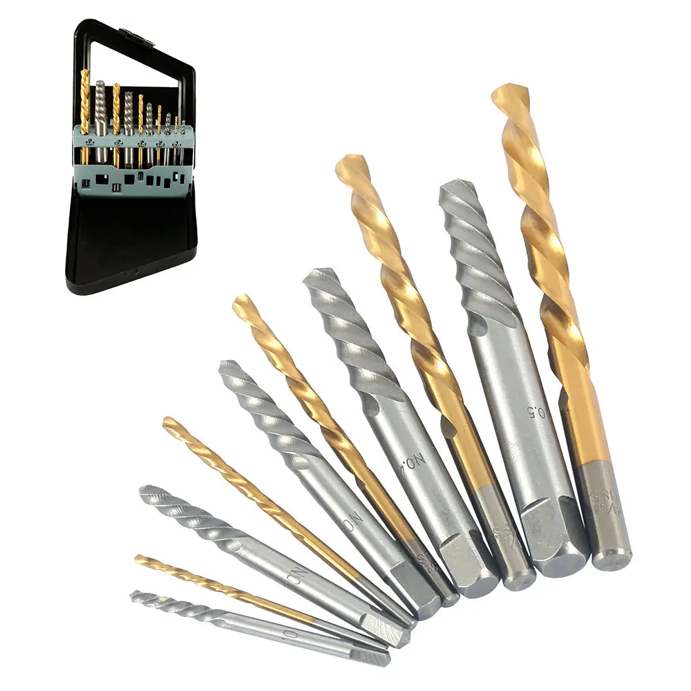 10Pcs Damaged Screw Extractor Set Multiple Size Screw Remover Tool Kit Stripped Bolt Extractor Kit for Damaged Broken Frozen